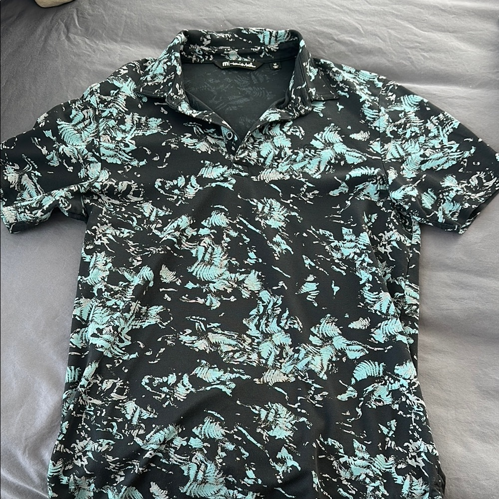 Men's Travis Mathew Black and Green Patterned Shirt